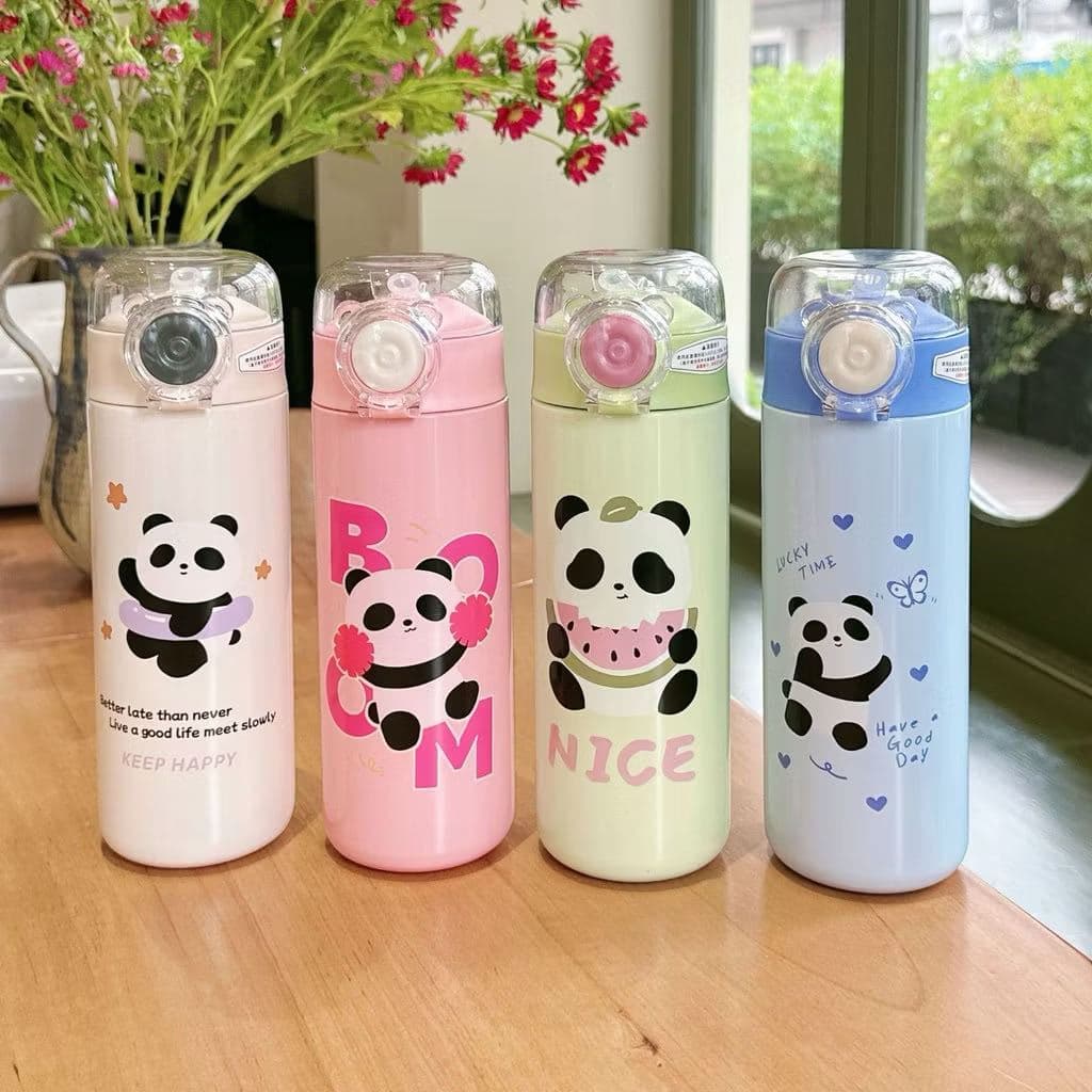 BW-1348  Garrafa squeeze térmica aço inox 500ml estampa pandinha panda escolar lnfantil com canudo