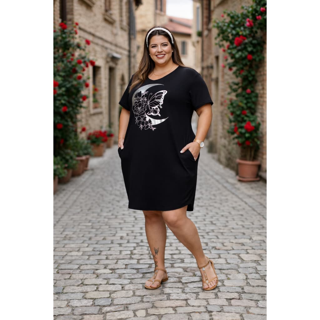 Vestido Preto Plus Size GG, G1, G2 e G3 Tecido Confortável Com Bolsos malha de viscolycra