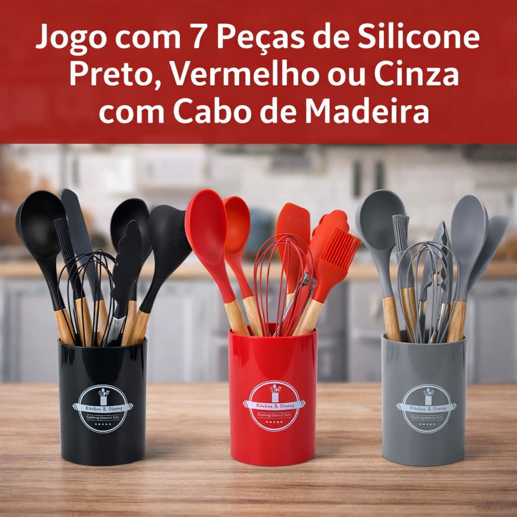 Jogo com 7 Peças de Silicone Cinza Preto Vermelho com Cabo de Madeira Concha Espátula Fouet Pincel