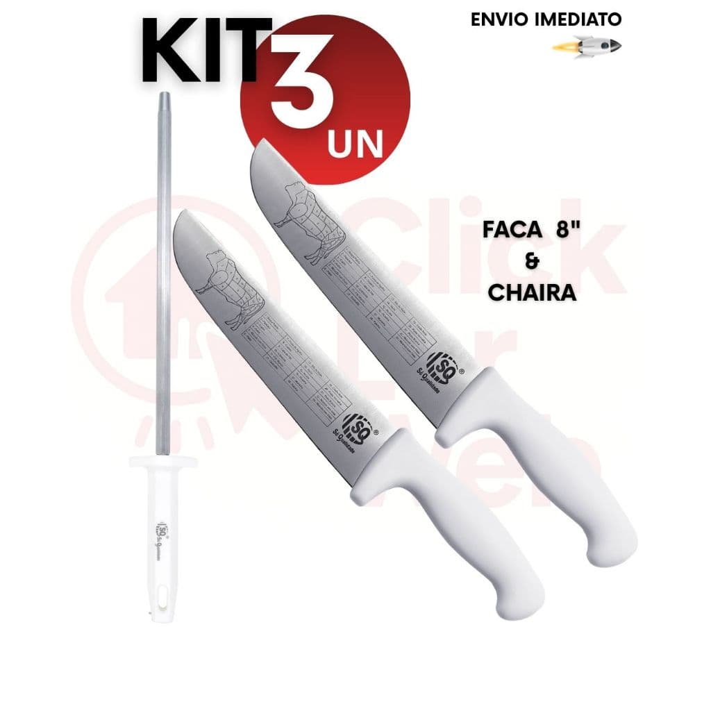 Kit 2 3 6 Peças Facas Profissional Açougueiro Churrasqueiro 8” + Chaira 10” Inox Amolador Afiador