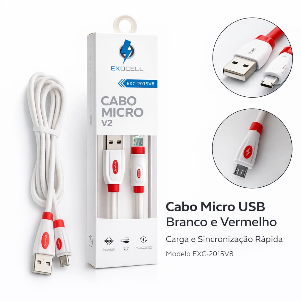 Cabo carregador micro v8 Branco e vermelho Exocell 1m