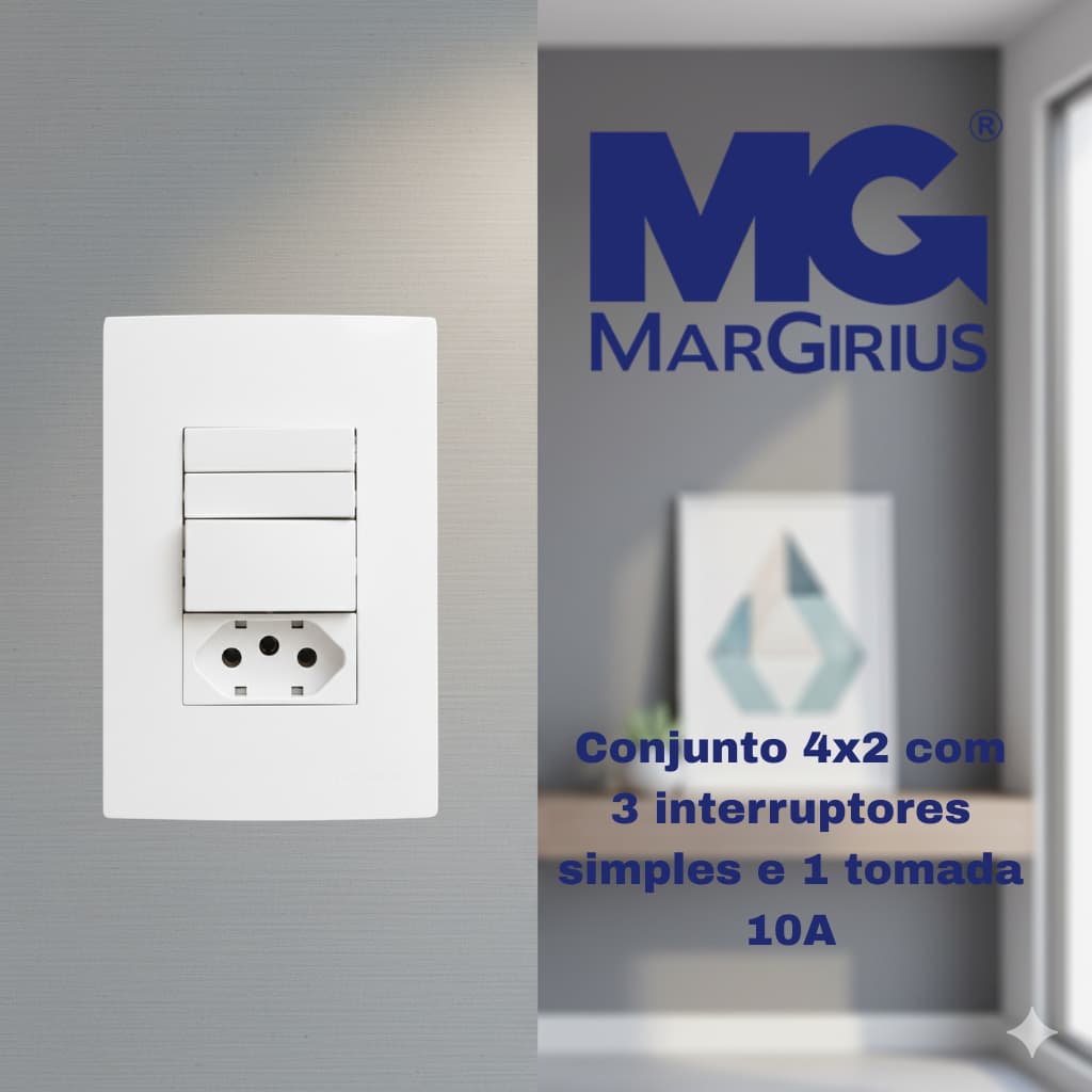 Conjunto 4x2 com 3 Interruptores Simples + 1 Tomada 10A Branco Margirius Sleek