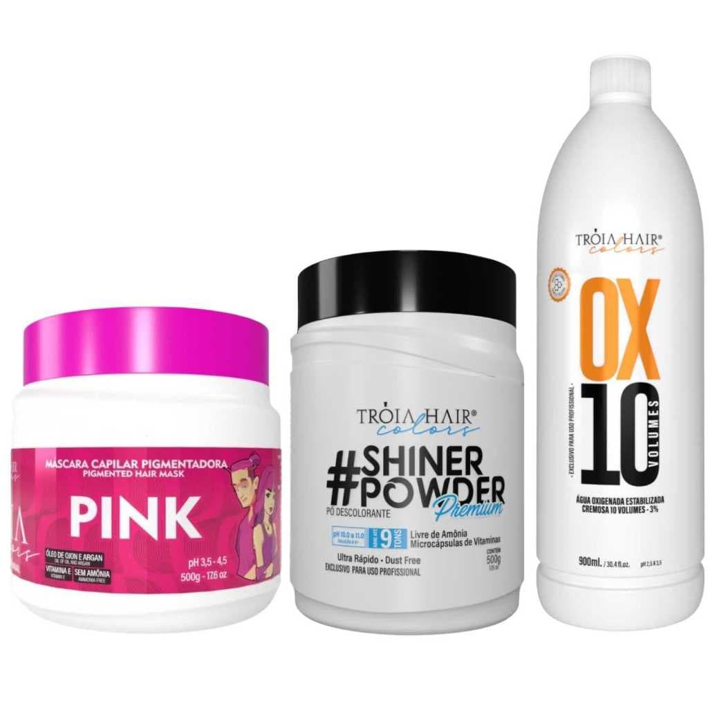 Pó Descolorante Premium 500g + OX 10 900ml + Troia Colors Pink 500g - Troia Hair