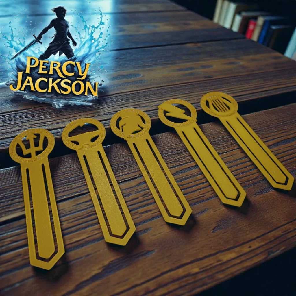 ⚡📚 Marca-Páginas Percy Jackson – Kit Dourado Deuses do Olimpo (5 un.) 📚⚡