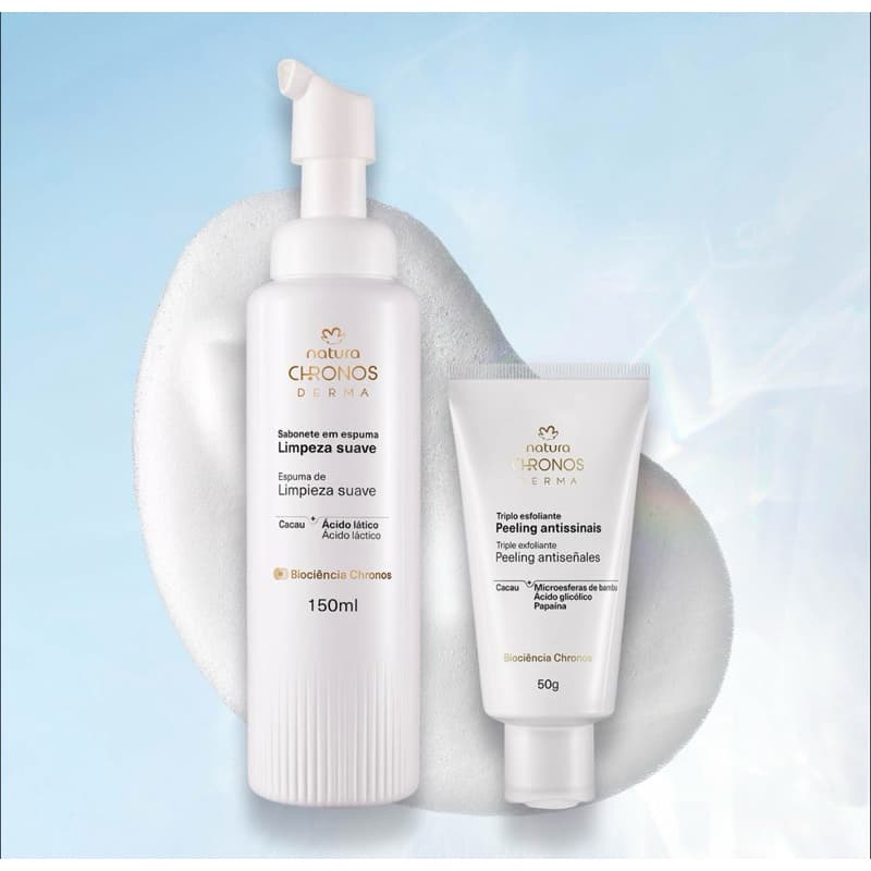 Natura Kit Chronos Derma Sabonete Em Espuma + Triplo Esfoliante Antissinais Limpeza Profunda Renovação Facial Original