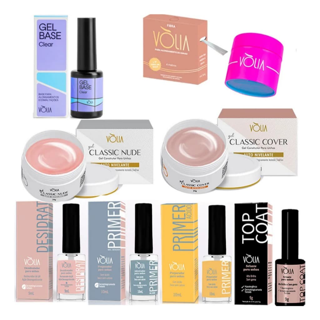 super kit volia 3 géis + preparação top coat + desidrat + primer + fibra produtos para unhas