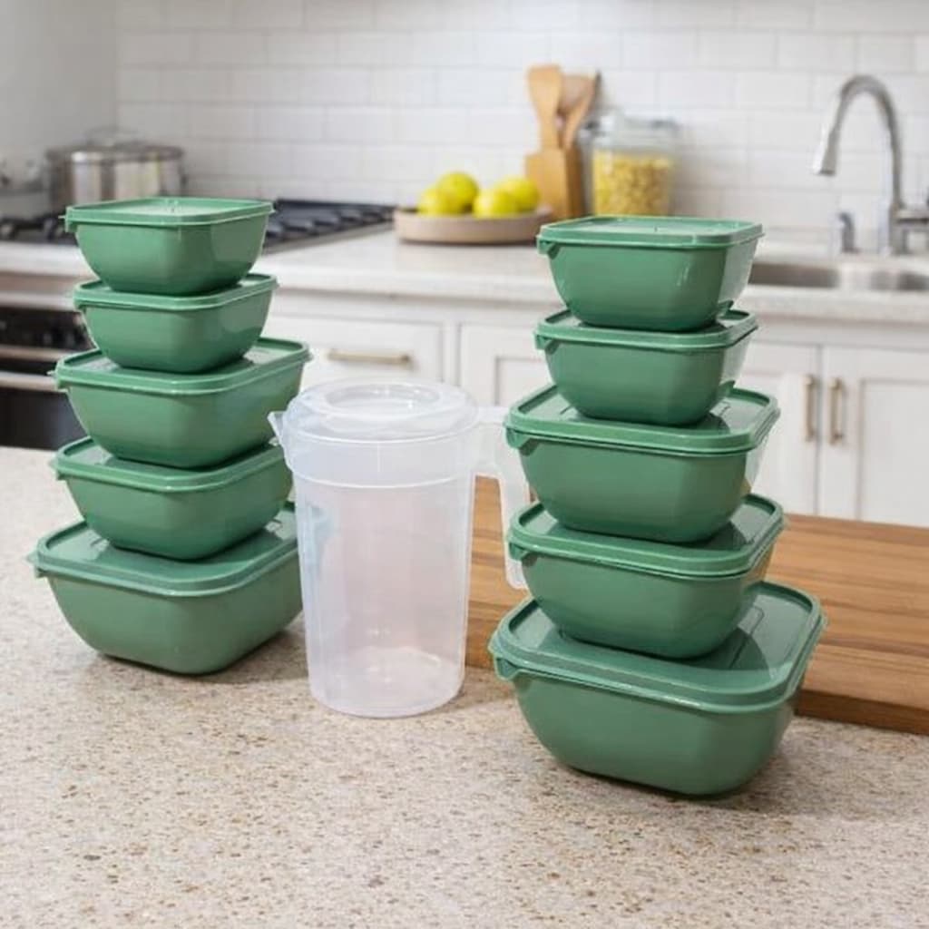 Conjunto Pote Plástico Verde Minimalista Quadrado 10 peças + Jarra Cristal