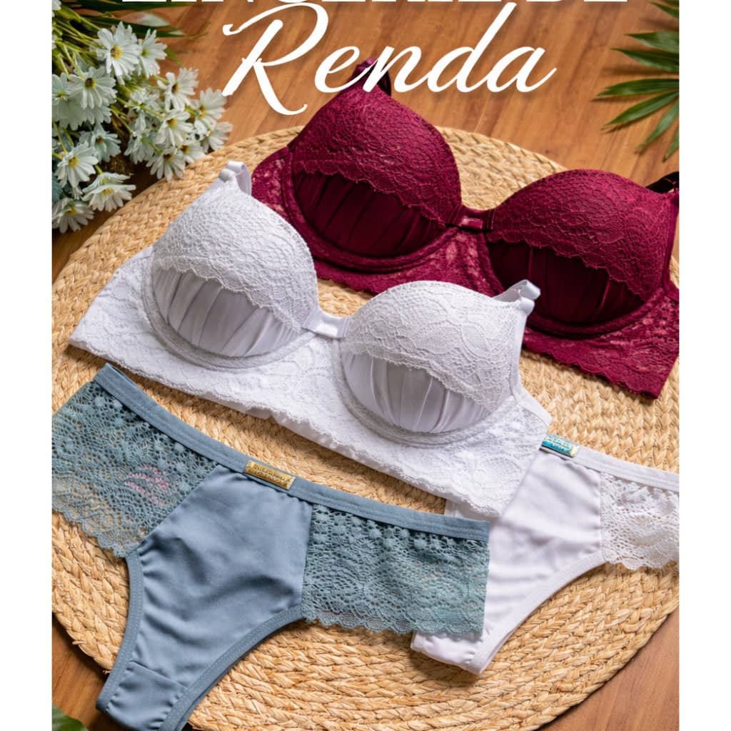 KIT Com 02 Conjuntos Mulher Elegante em Renda Reforçado Cores Vibrantes Com Bojo e Aro Calcinha