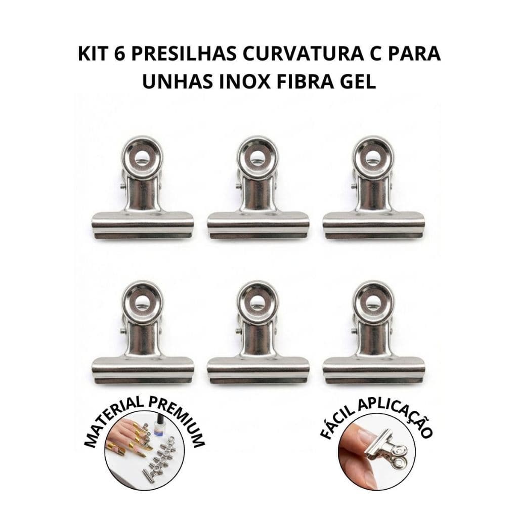 Kit 6 Presilhas Curvatura C Para Unhas Inox Fibra Gel