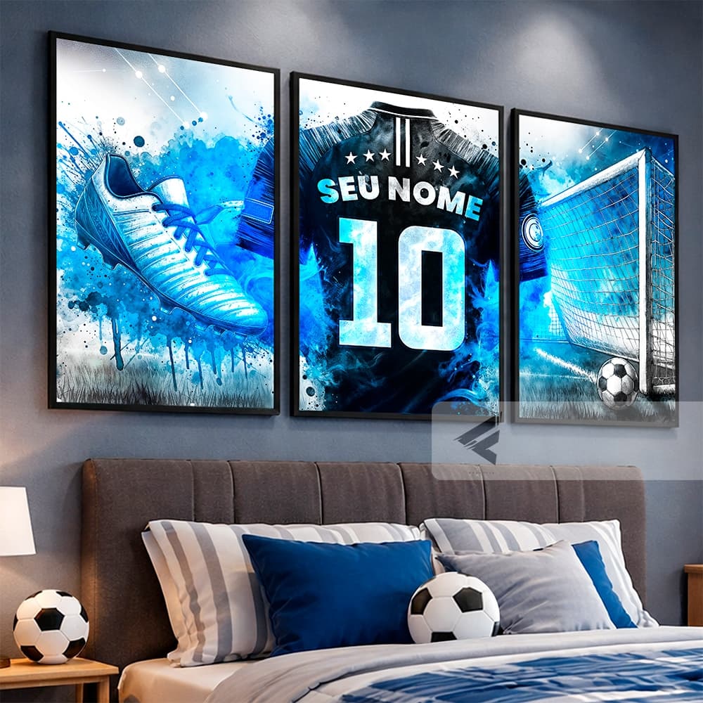 Kit 3 Quadros Futebol Infantil Personalizado Presente Menino Decoração Quarto com Nome