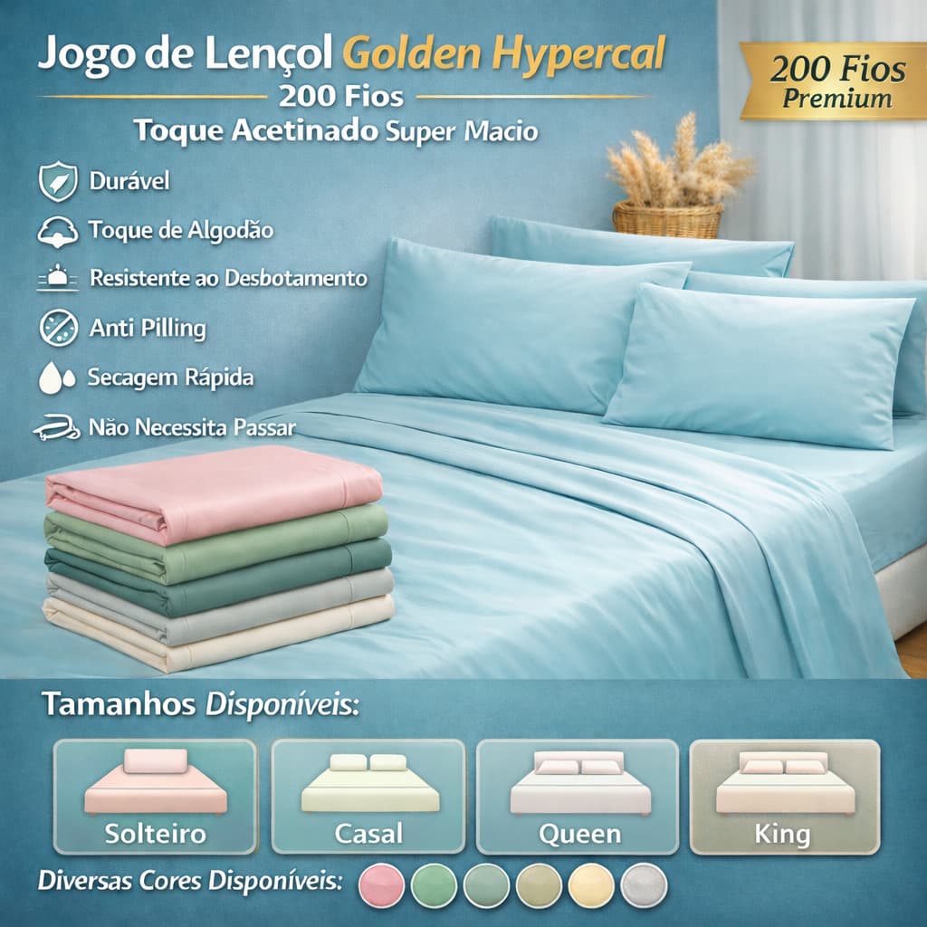 Jogo de Lençol Golden Hypercal 200 Fios Premium Toque Acetinado SuperMacio Solteiro Casal Queen King
