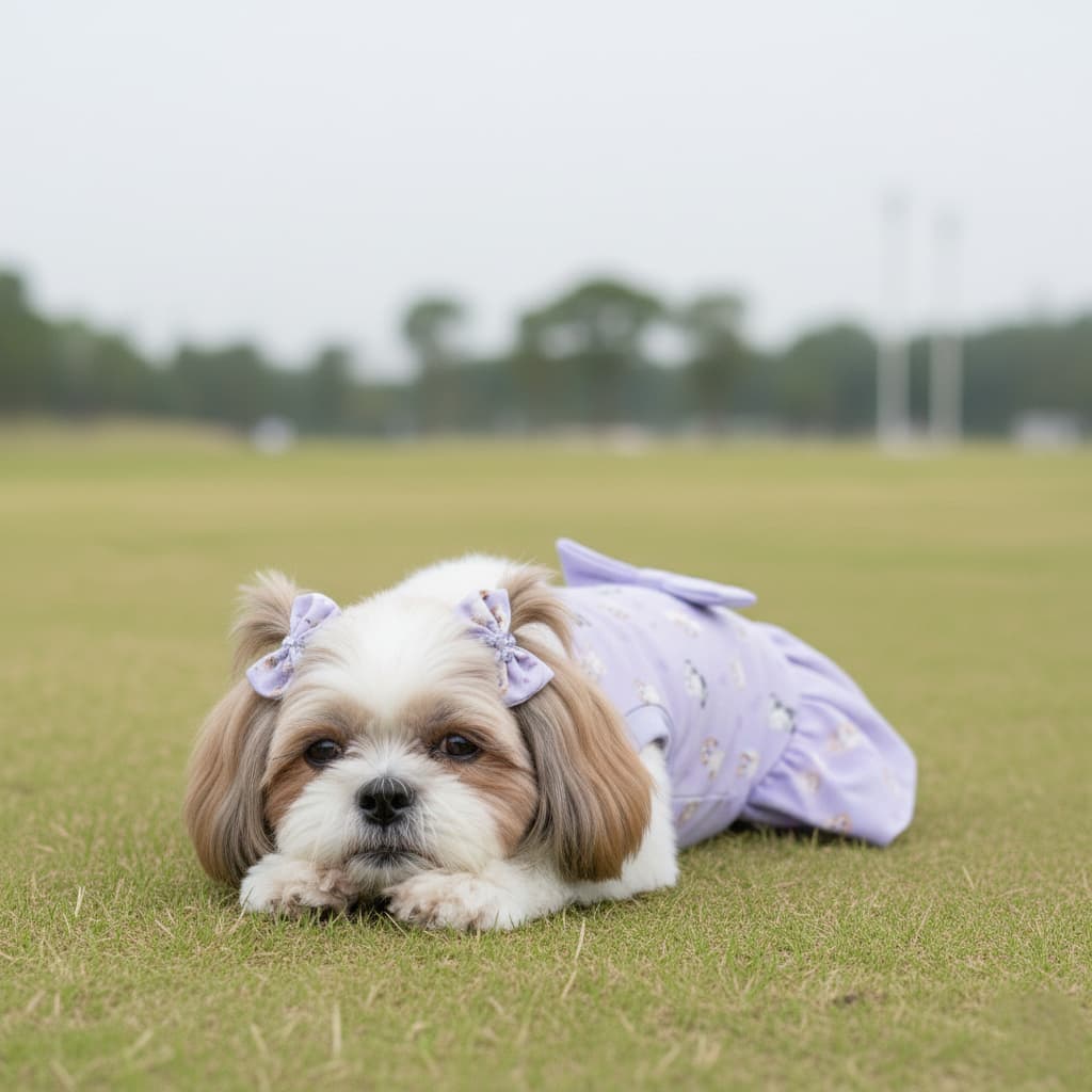 Roupinha Canina Feminino Lhasa Apso Roxo Estampado com Laço e Detalhe em Babado Luxo Verão Pequeno
