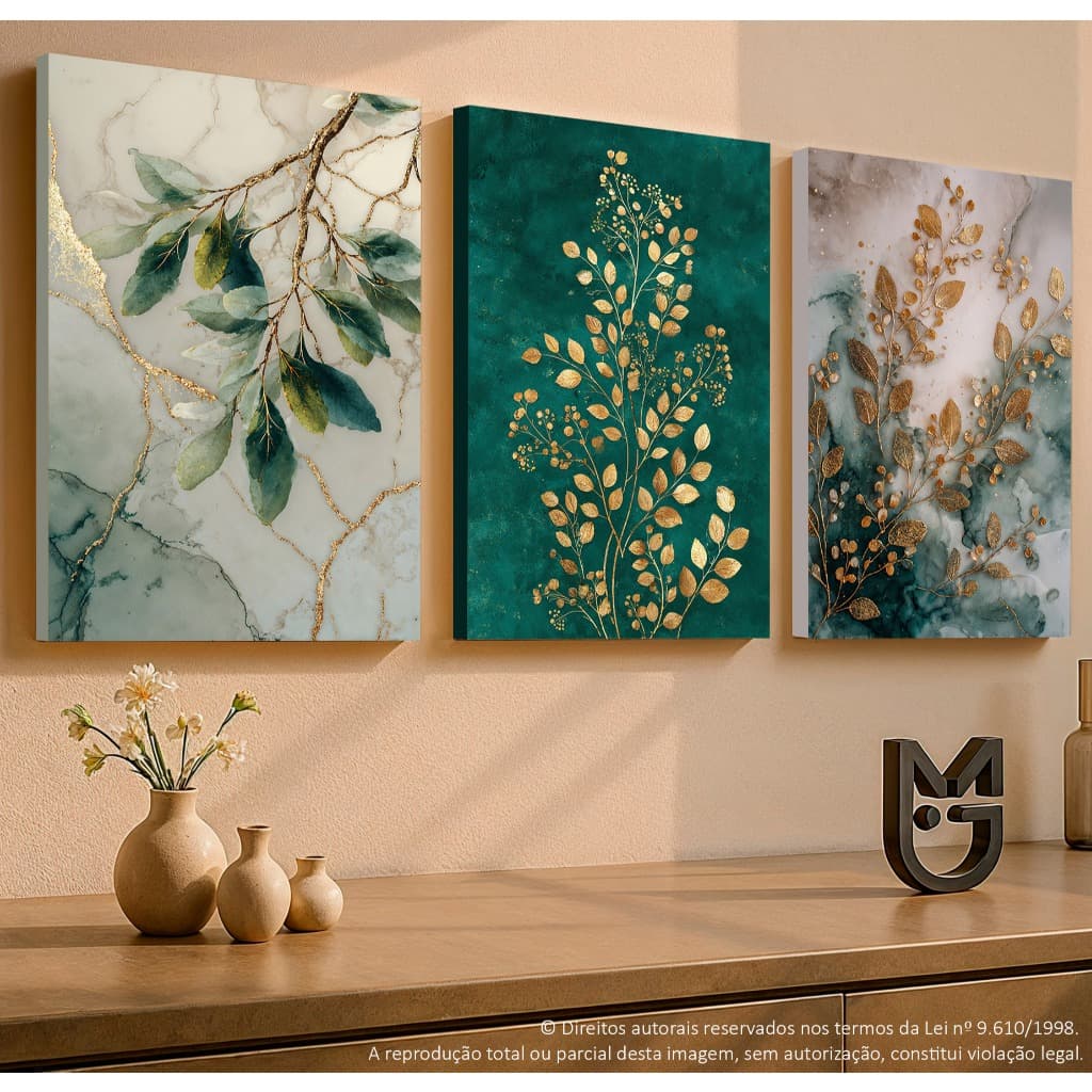 Kit 3 Quadros Decorativos Quarto e Sala 40x60 Planta Tropical - Linhas Geométricas Folhas Modernas