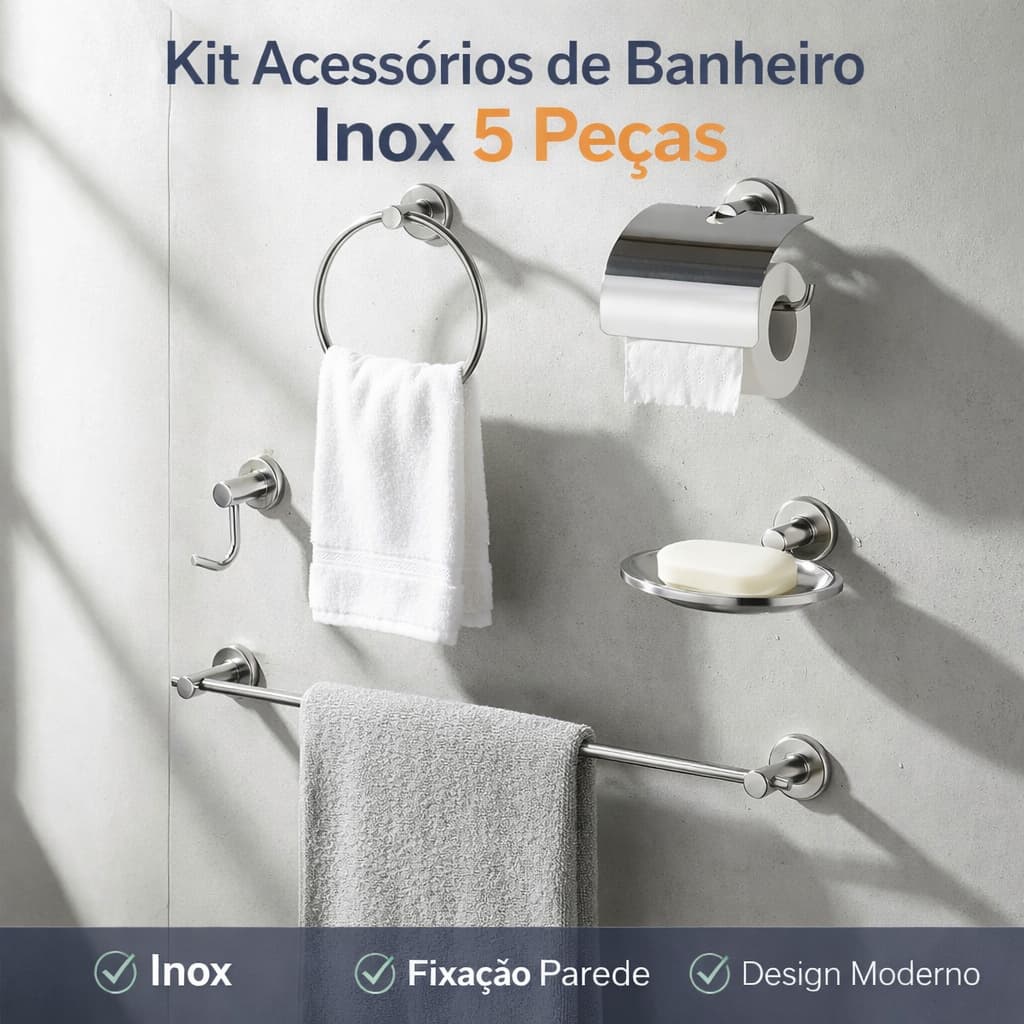 Kit Banheiro em Inox 5 Peças acessórios Toalheiro, Papeleira, Gancho, Saboneteira,  Porta Toalha