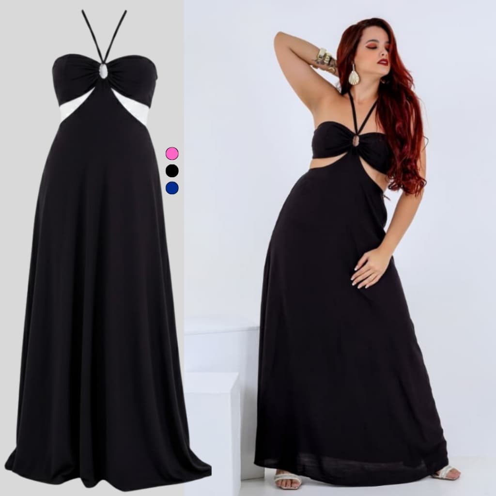 Vestido Longo Preto Detalhes Elegante Ajustável Festa Praiano Tropical