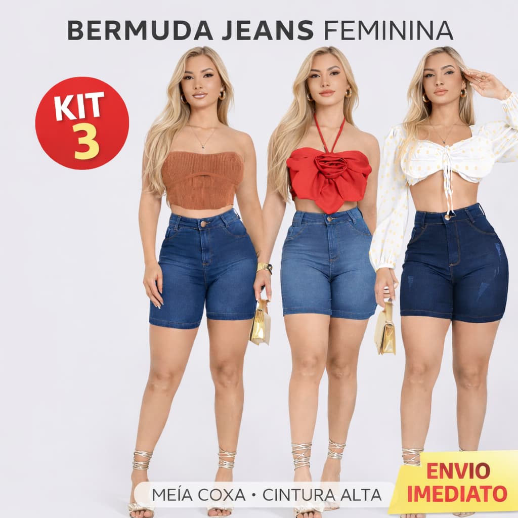 Bermuda Jeans Feminina Meia Coxa Cintura Alta Com Lycra Empina Bumbum Short Meia Coxa