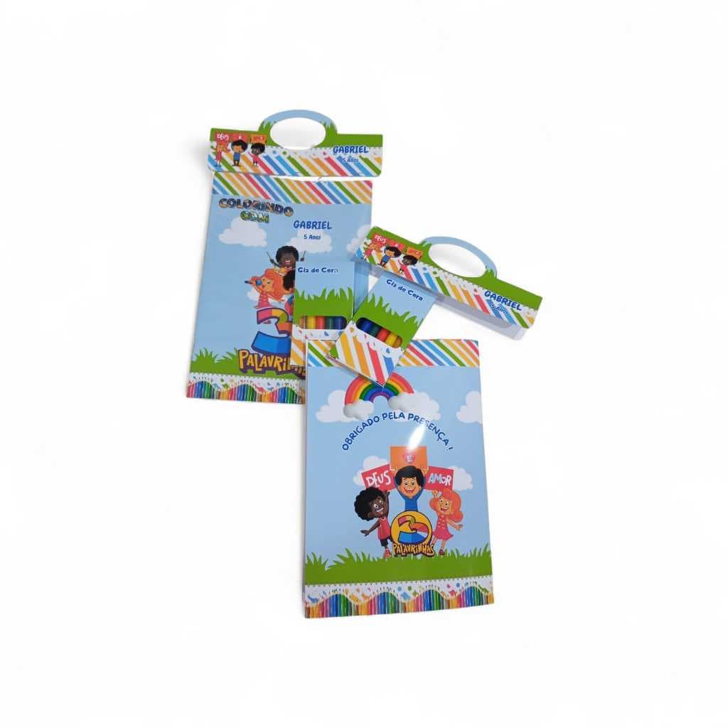 Livro de Colorir  REVISTINHA com Giz de Cera Personalizada - FESTA E LEMBRANCINHAS- TRÊS PALAVRINHAS