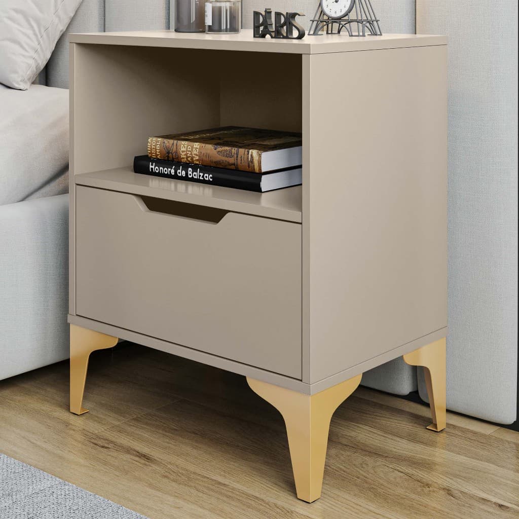 Mesa de Cabeceira Vegas Com 1 Gaveta e Nicho Off White Com Pés Dourado