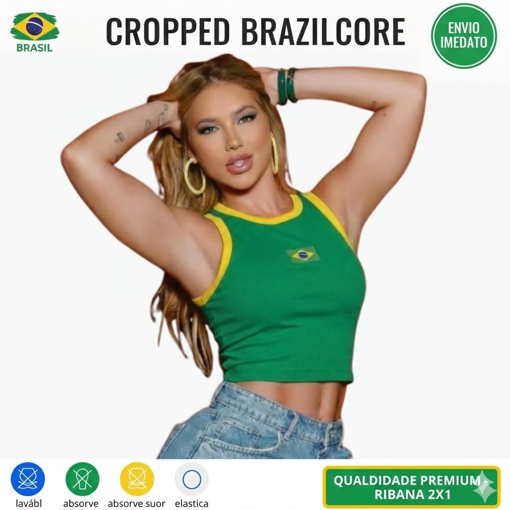 Cropped Do Brasil Core Copa do Mundo Brasilian Girl Cropped Canelado Ribana Básico BORDADO CROPPED BRASIL VÍRGINIA