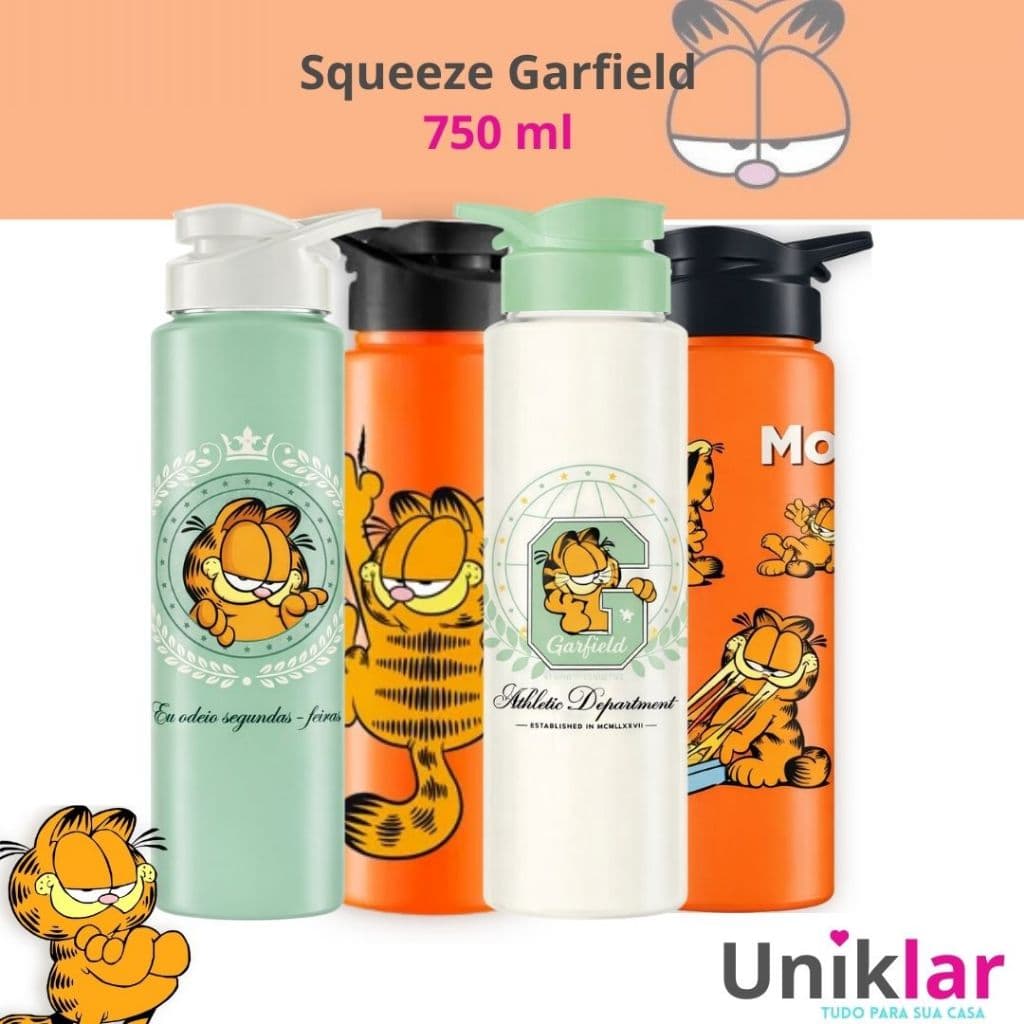 Garrafa Squeeze Personagem Garfield 750ml Plástico Resistente para Escola Passeios