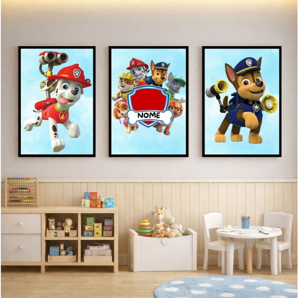 Quadro Patrulha Canina Personalizado com Nome – Kit 3 Decorativos Infantil Parede Quarto Menino e Menina