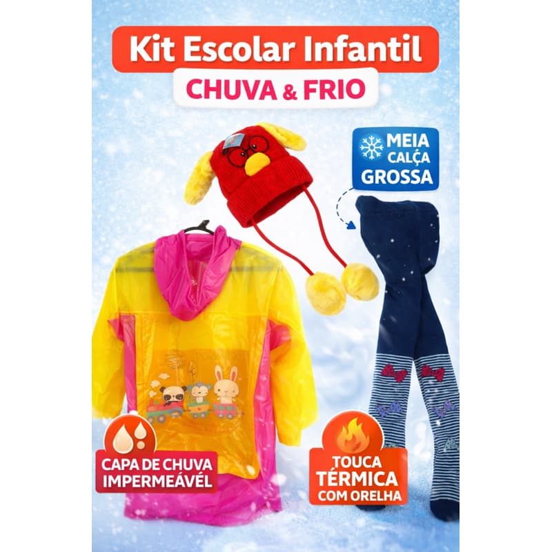 Kit Escolar Infantil 3 Peças Chuva e Frio – Capa de Chuva Impermeável + Meia Calça Infantil + Touca com Orelha Unissex