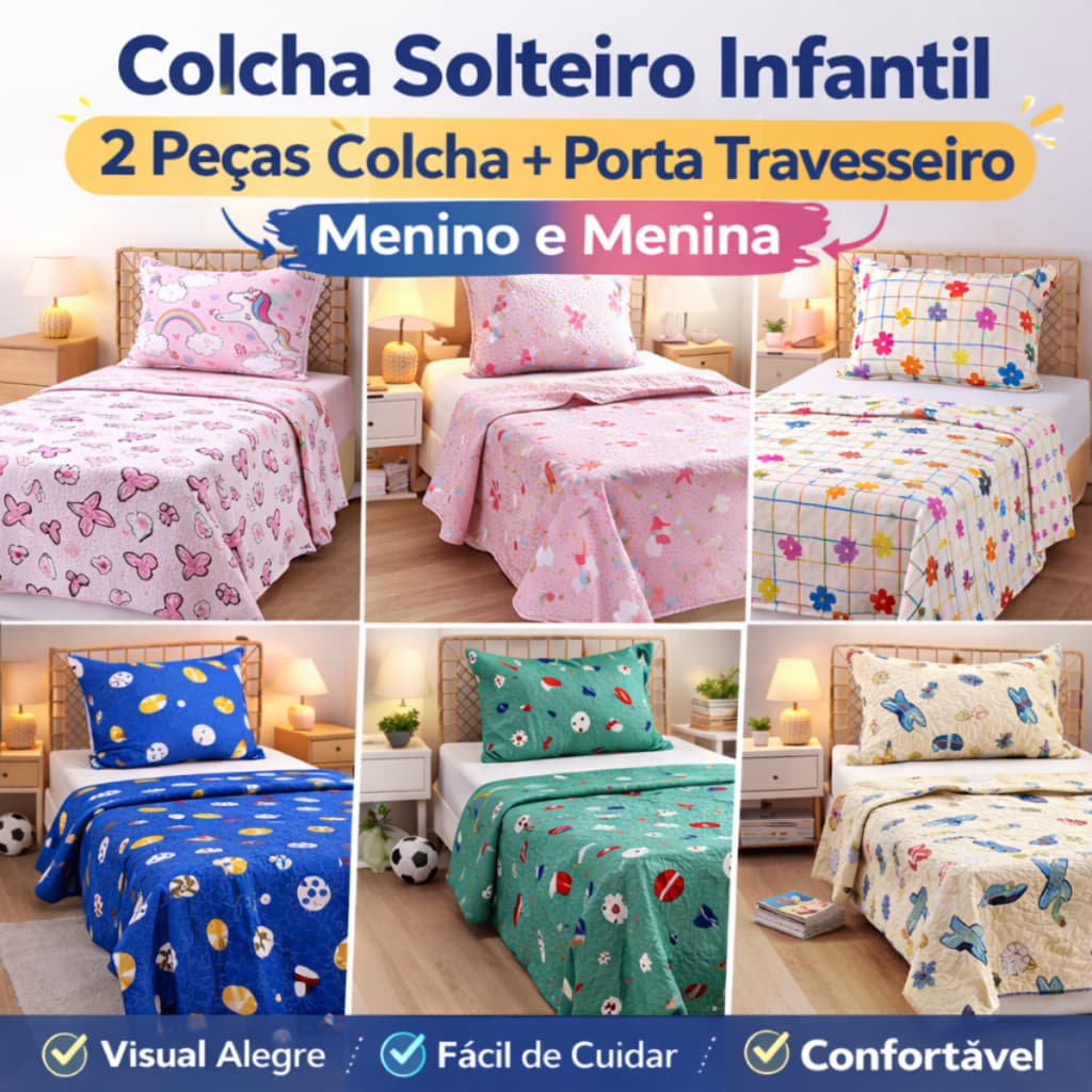 Jogo de Cama Infantil Solteiro 2 Peças Colcha Estampada Criança Porta Travesseiro
