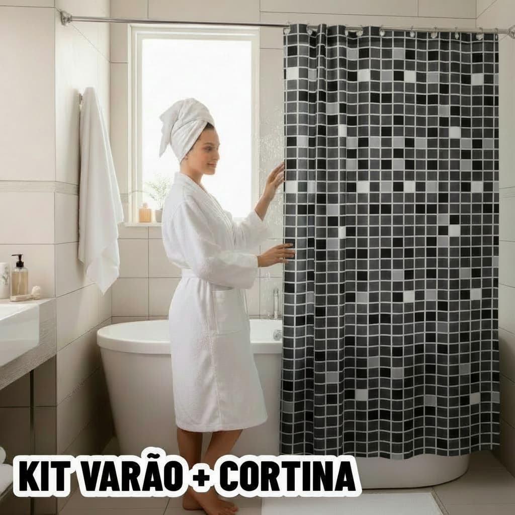 Kit Varão para Cortina de Banheiro Box Pastilha Preta Pvc Ilhós Suporte 2m 1,10m até 2,00m