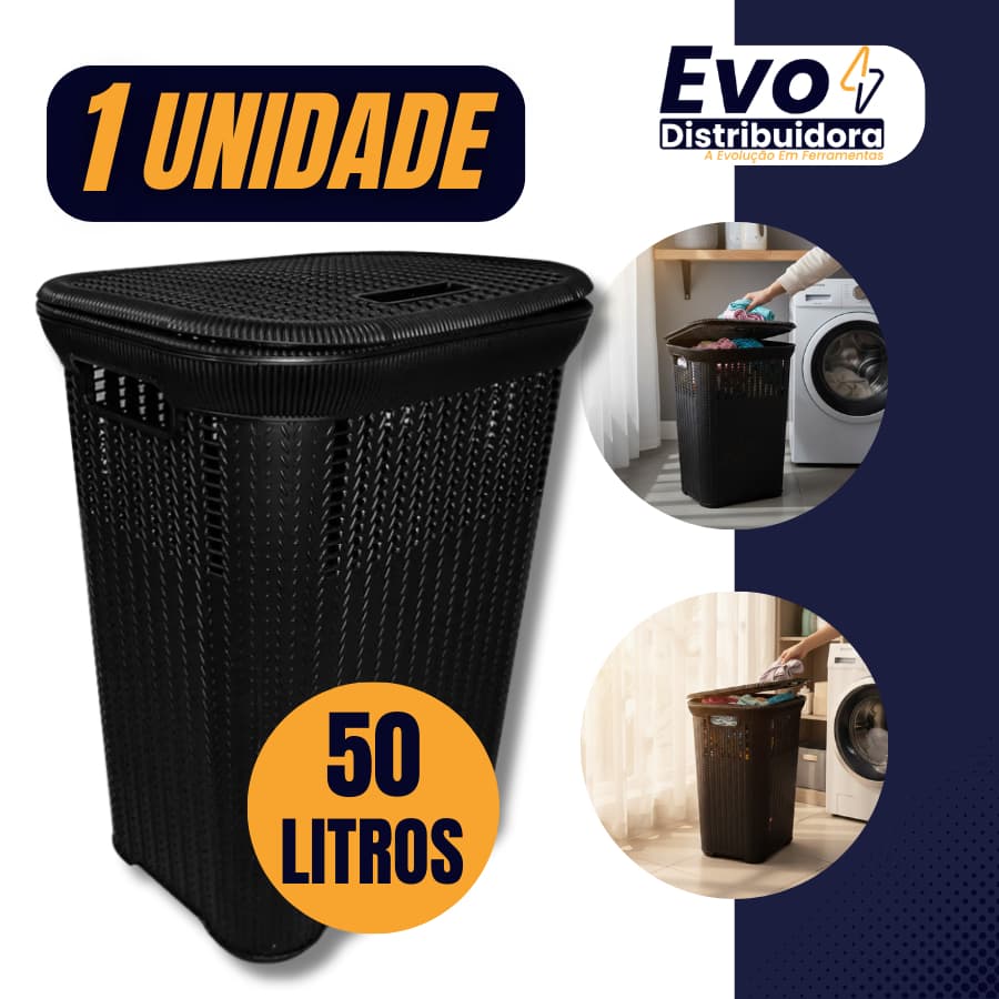 Cesto Telado Rattan 50 Litros Preto Com Tampa Premium Reforçado