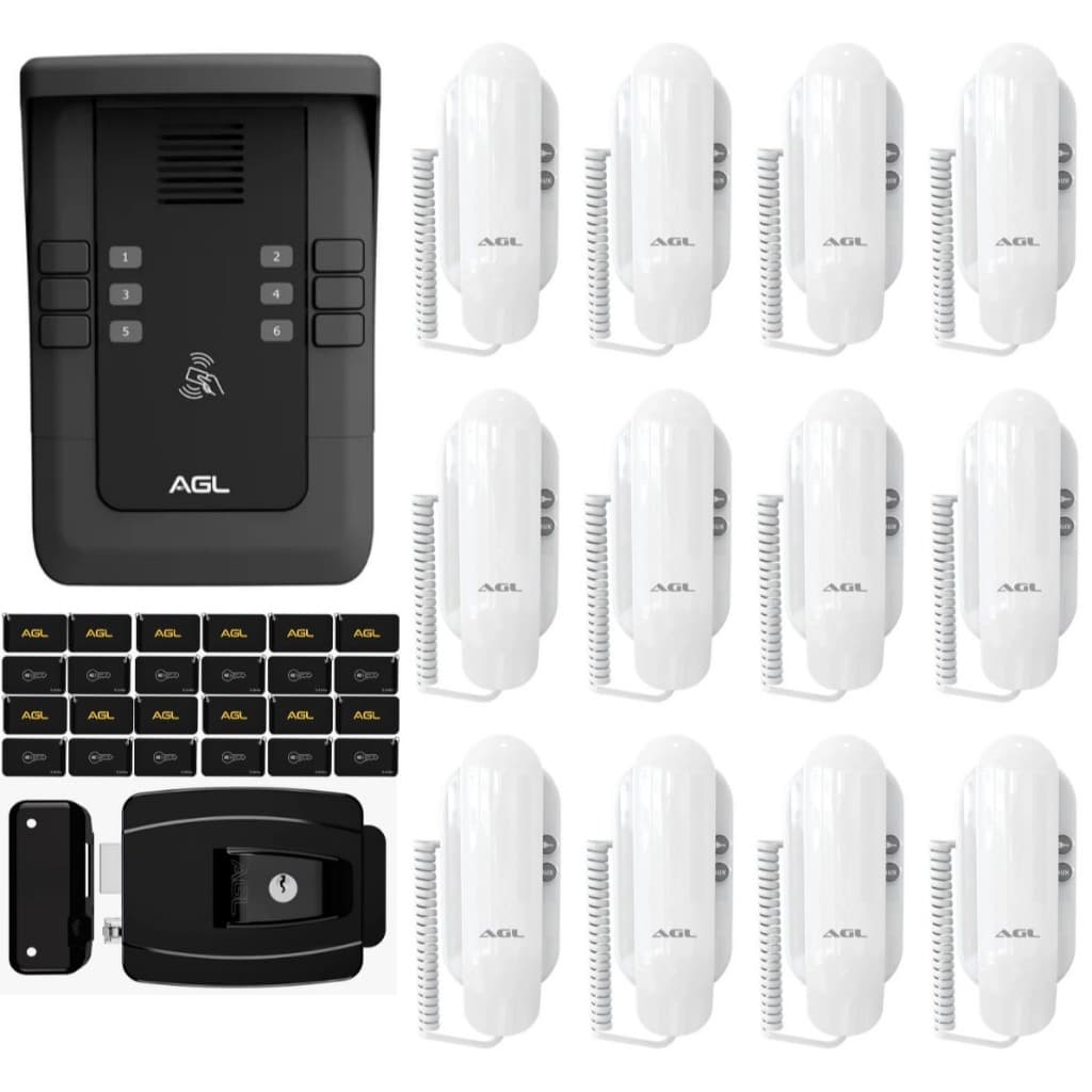 KIT PORTEIRO COLETIVO AGL S500 12 PONTOS BLUETOOTH+ 12 MONOFONES + 24 TAG+ FECHADURA-(KIT INTERFONE)