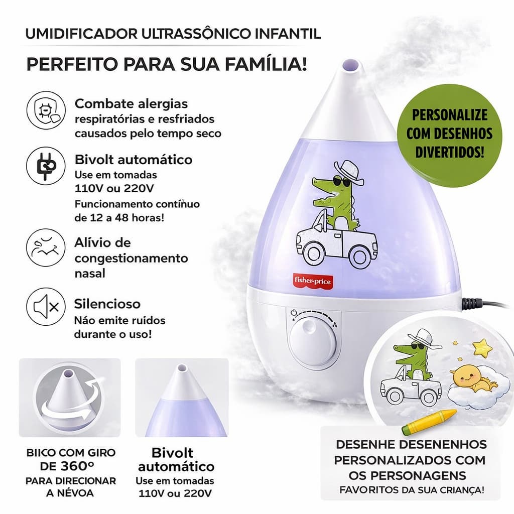 Umidificador e Aromatizador Ultrassônico Silencioso Fisher Price 3,4L Bivolt –Alta Capacidade e Conforto para o Ambiente