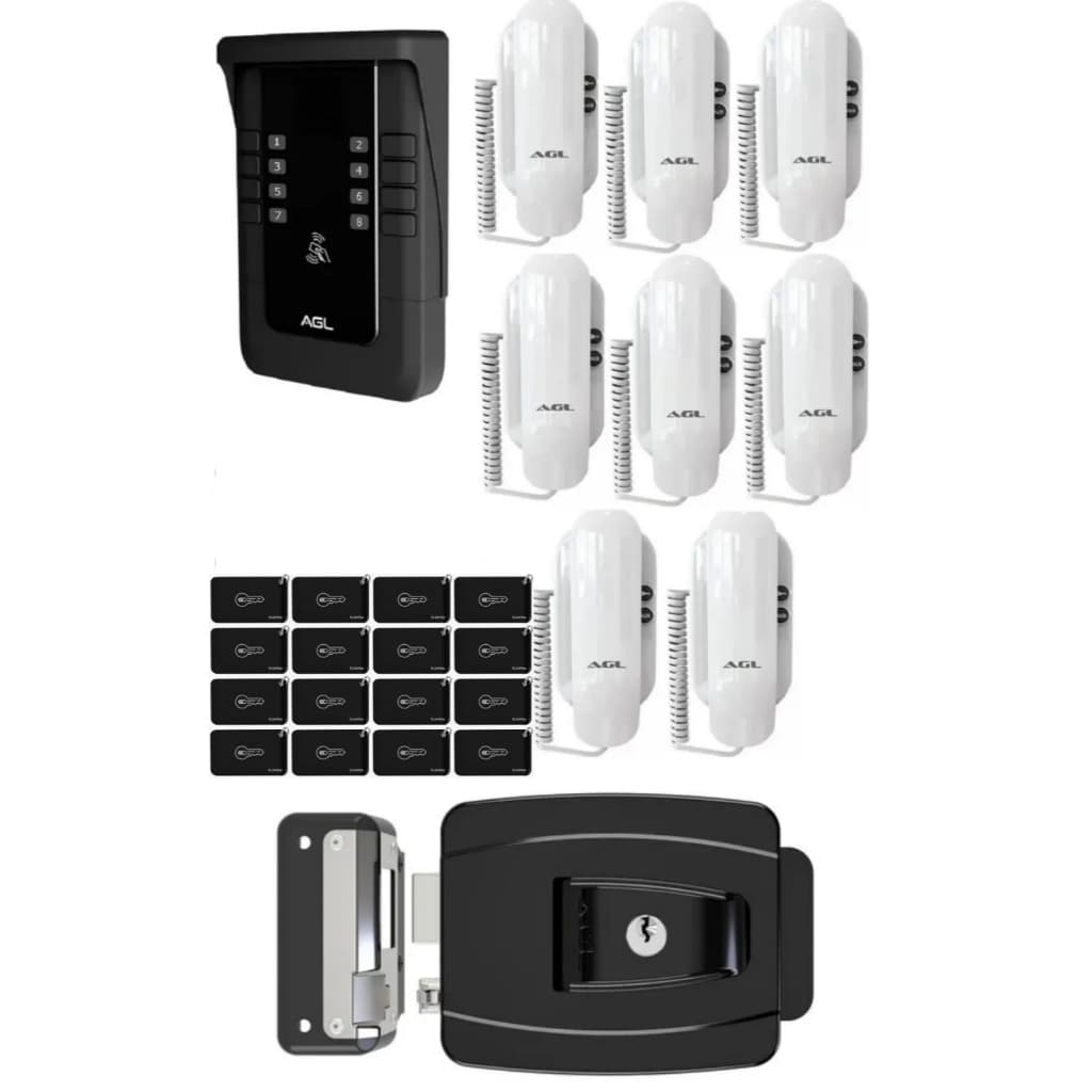 KIT PORTEIRO COLETIVO AGL S500 8 PONTOS BLUETOOTH+ 8 MONOFONES + 16 TAG + FECHADURA -(KIT INTERFONE)