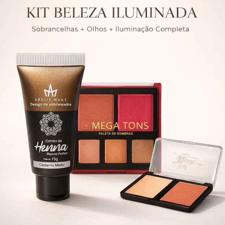 Kit Maquiagem Completo Henna Pronta para Uso, Paleta Sombras, Duo Blush e Contorno MegaTons