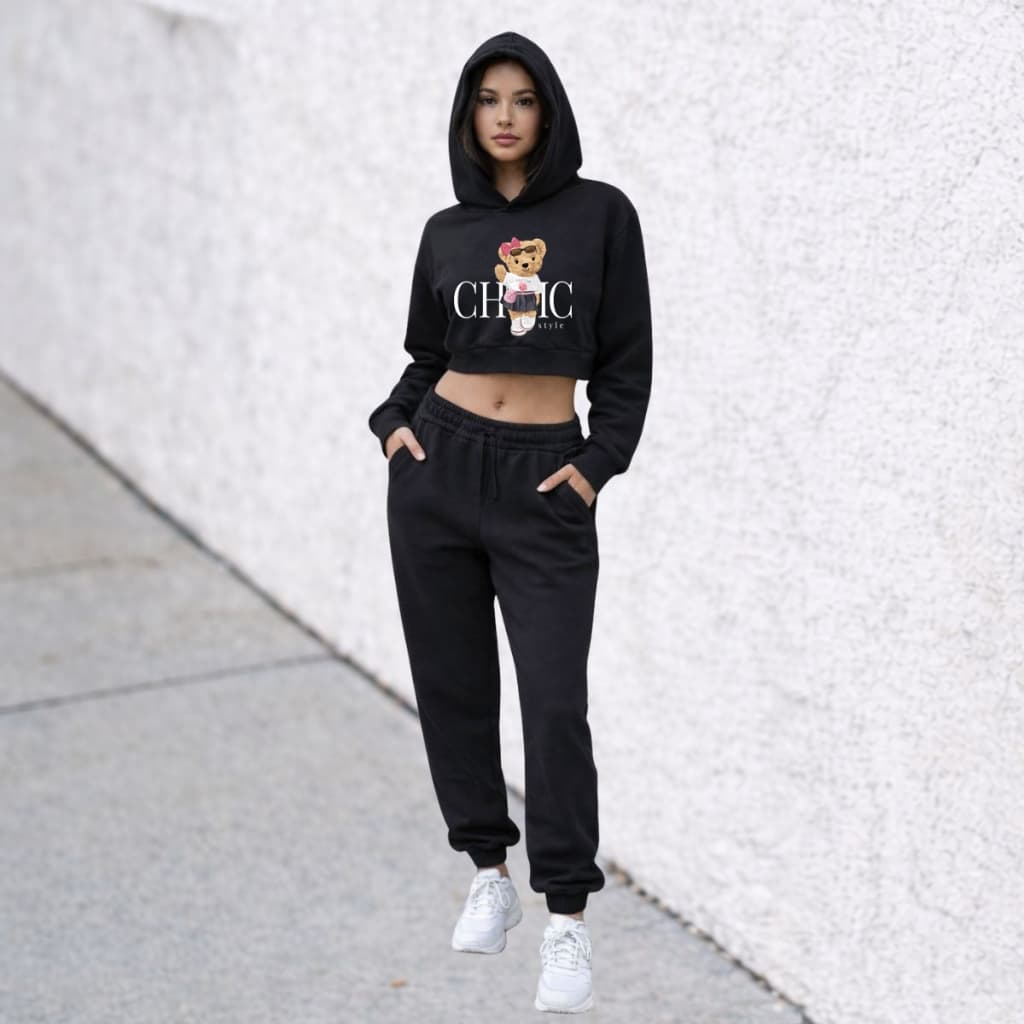 Conjunto Feminino Moletom  Cropped com Touca Casual Estampa Ursinha Chic