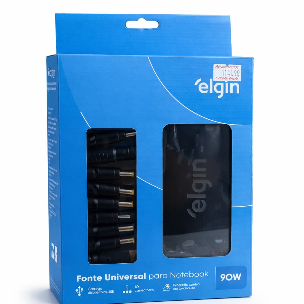 Fonte Universal para Notebook Elgin 90W Bivolt com 10 Conectores + USB – Carregador Compatível Diversas Marcas