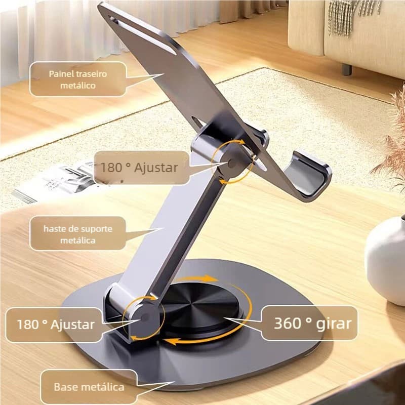 Suporte de Alumínio para Mesa 360º - Base Rotatória Ajustável para Smartphone e Tablet
