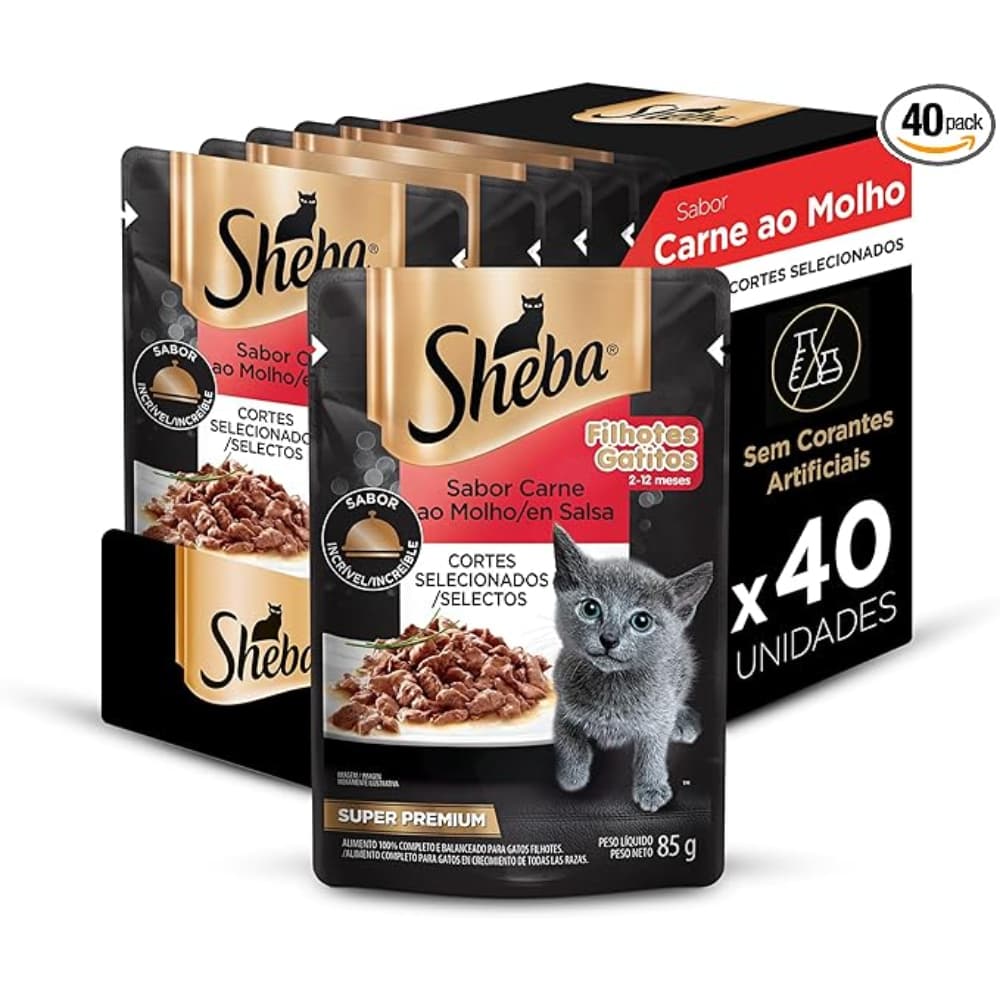 Kit Ração Úmida para Gatos Filhotes Sabor Carne ao Molho 40 Unidades Sheba Sachê