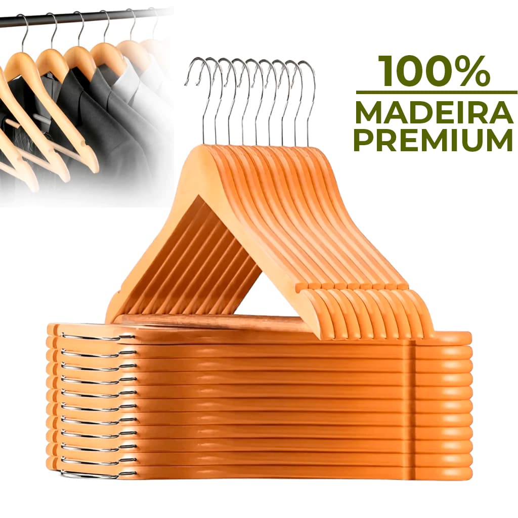 Kit 30/42/51/60 Cabides De Madeira Premium Marfim Para Roupas Calça Gancho Cromado