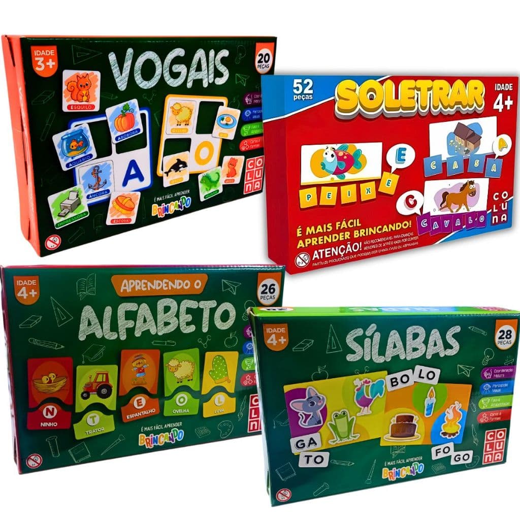 Kit 4 Jogos  Sílabas Vogais Soletrar Letras Didático Pedagógico Educativo Escola Alfabetização