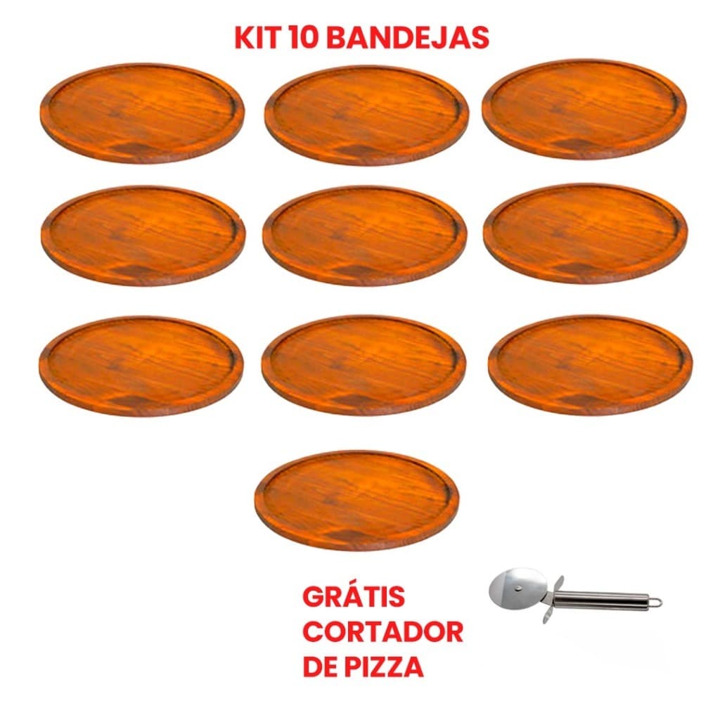OFERTA 9.9 KIT 10 Bandejas de Madeira Redonda Rústica para Servir Pizza de Forma 30cm, GRATIS CORTADOR