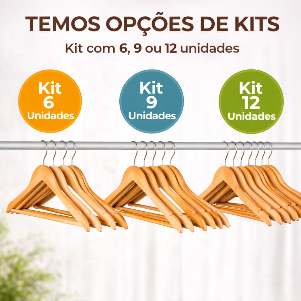 Kit 6 9 12 unidades cabides de madeira Marfim Resistentes Calça Blusas Camisas