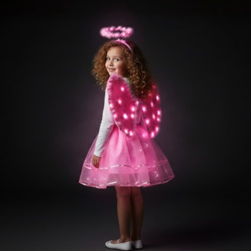 Fantasia Anjo Infantil Completa Asa E Tiara Com Led Saia Com Elástico Forro Carnaval Festa Eventos