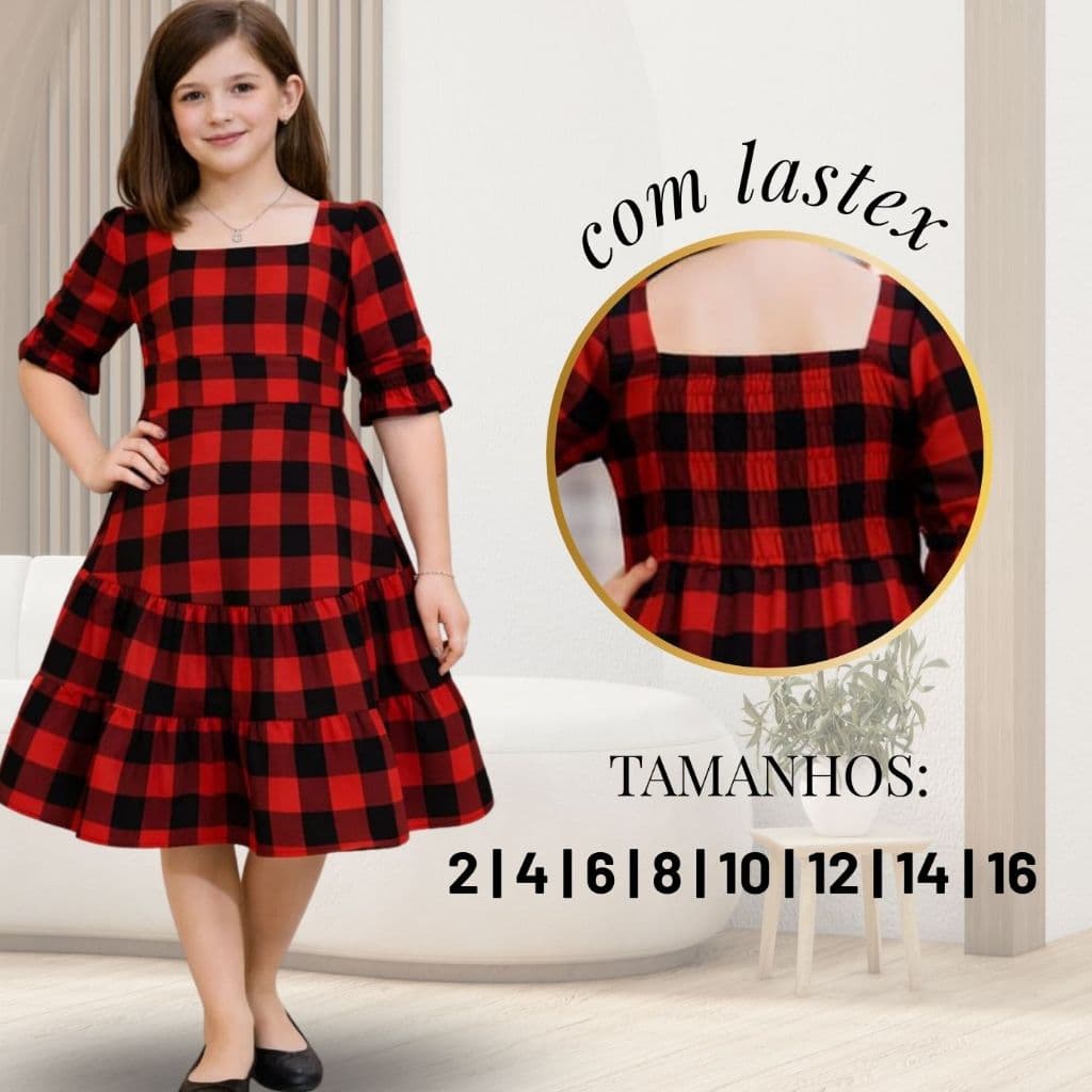 Vestido Infantil  festa  Juvenil Xadrez Manga Princesa com forro 2 aos 16 Anos