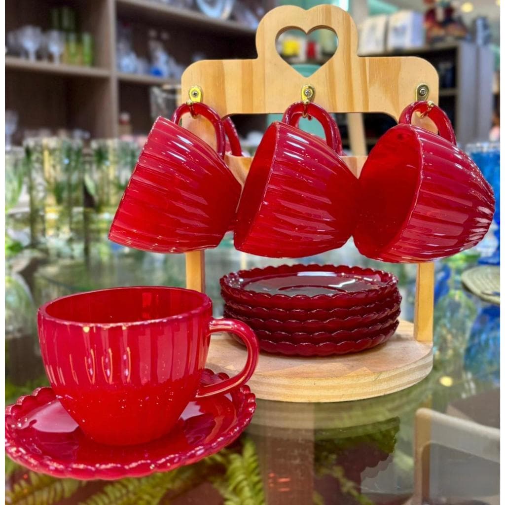 Conjunto Xícaras Com Pires Petala Vermelho Cha e Cafe 12 Peças Transparente Vidro Decorada