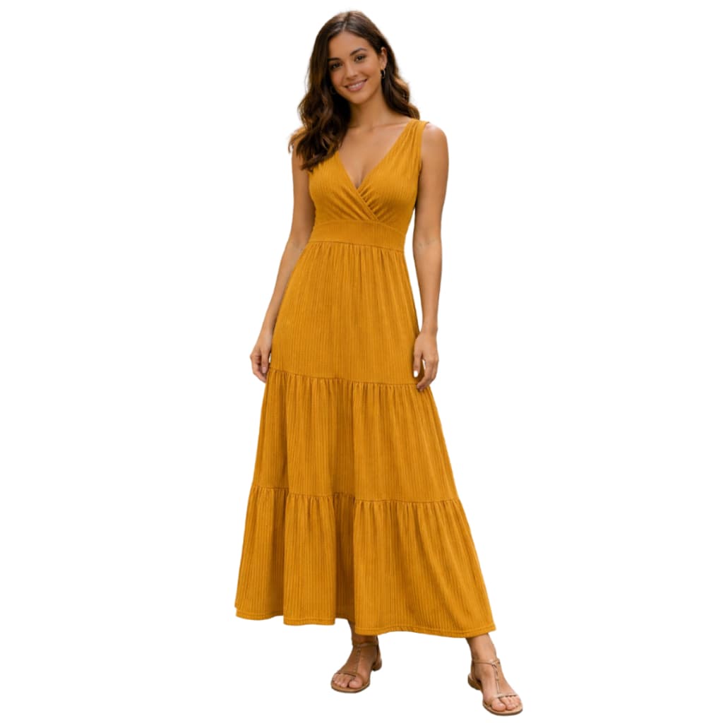Vestido Regata Feminino Canelado Longo Decote V e Babado