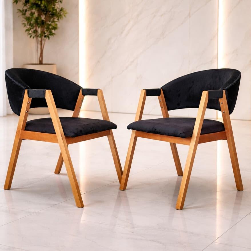 Kit 2 Poltronas Veludo Preto Cadeiras Elegante Estofada Recepção Luxo Clínica Confortável Macia Contemporâneo Escritório