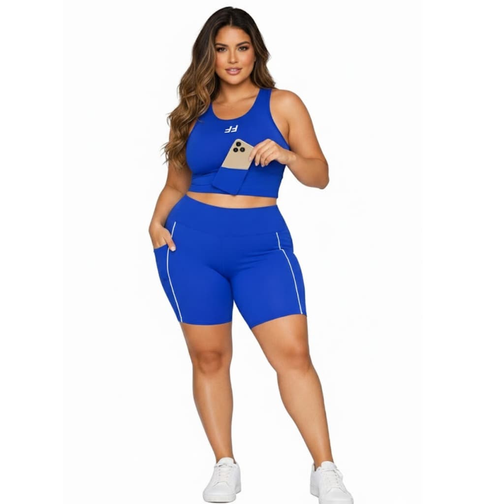 Conjunto Treino Plus Size Top Com Bolso Short Com Bolsos Laterais Suplex Power Academia Corrida