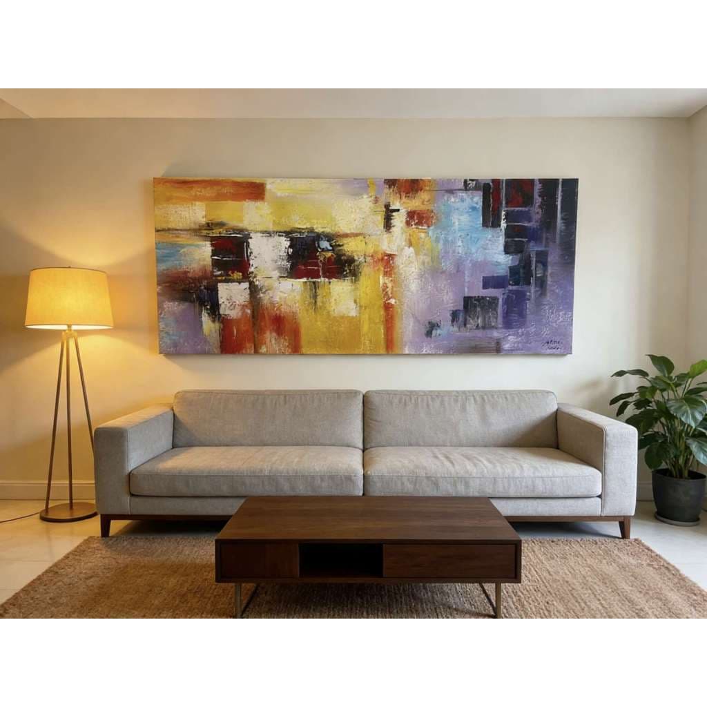 Quadro Abstrato Moderno Amarelo e Roxo - Decoração para Sala e Quarto