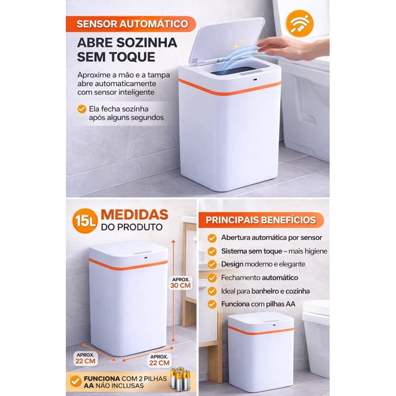 Lixeira Inteligente Automática 15L Sensor Presença Banheiro Cozinha Envio Imediato