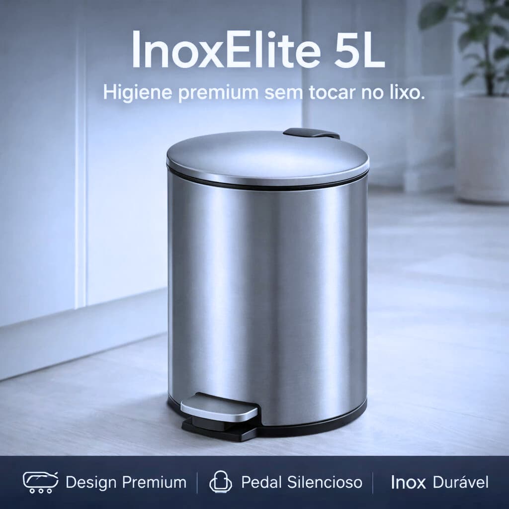 Lixeira Inox 5L com Pedal Slim Powermaid – Tampa Soft Close Banheiro Escritório
